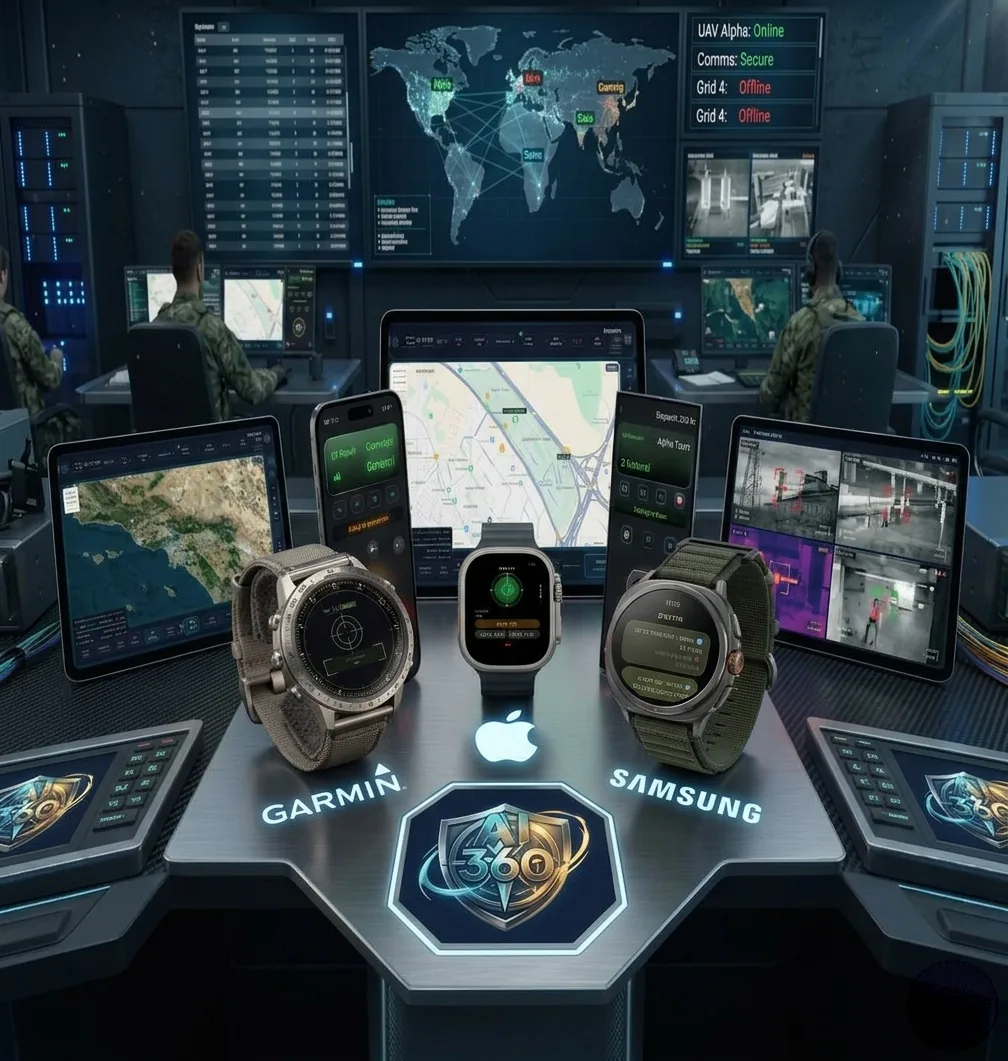 Dispatch 360 Ai على الساعات الذكية — Garmin و Apple Watch و Samsung Galaxy Watch إلى جانب الأجهزة اللوحية والهواتف في غرفة التحكم